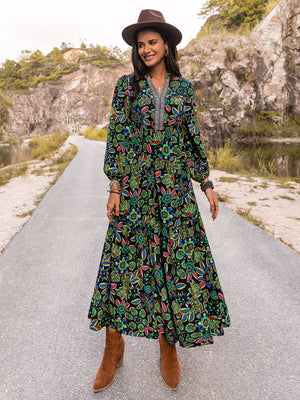 Printed Notched Neck Maxi Dress-Teresa's Fashionista LLC
