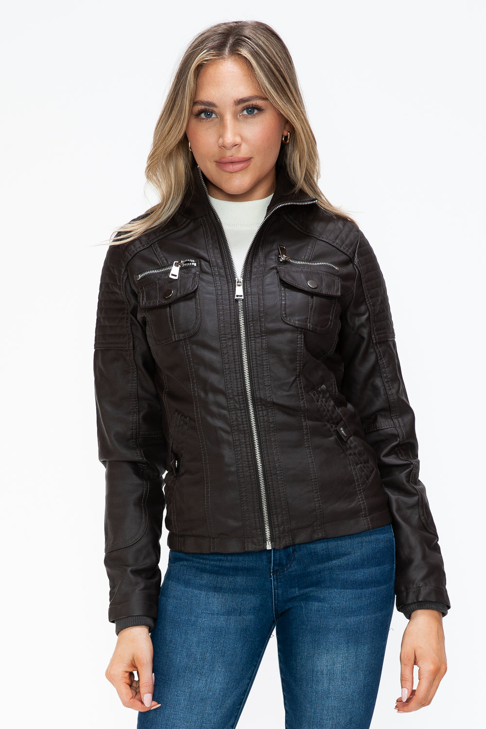 YMI Removable Faux Layered Multi-Pocket Jacket with Fuzzy Hood - Teresa's Fashionista LLC
