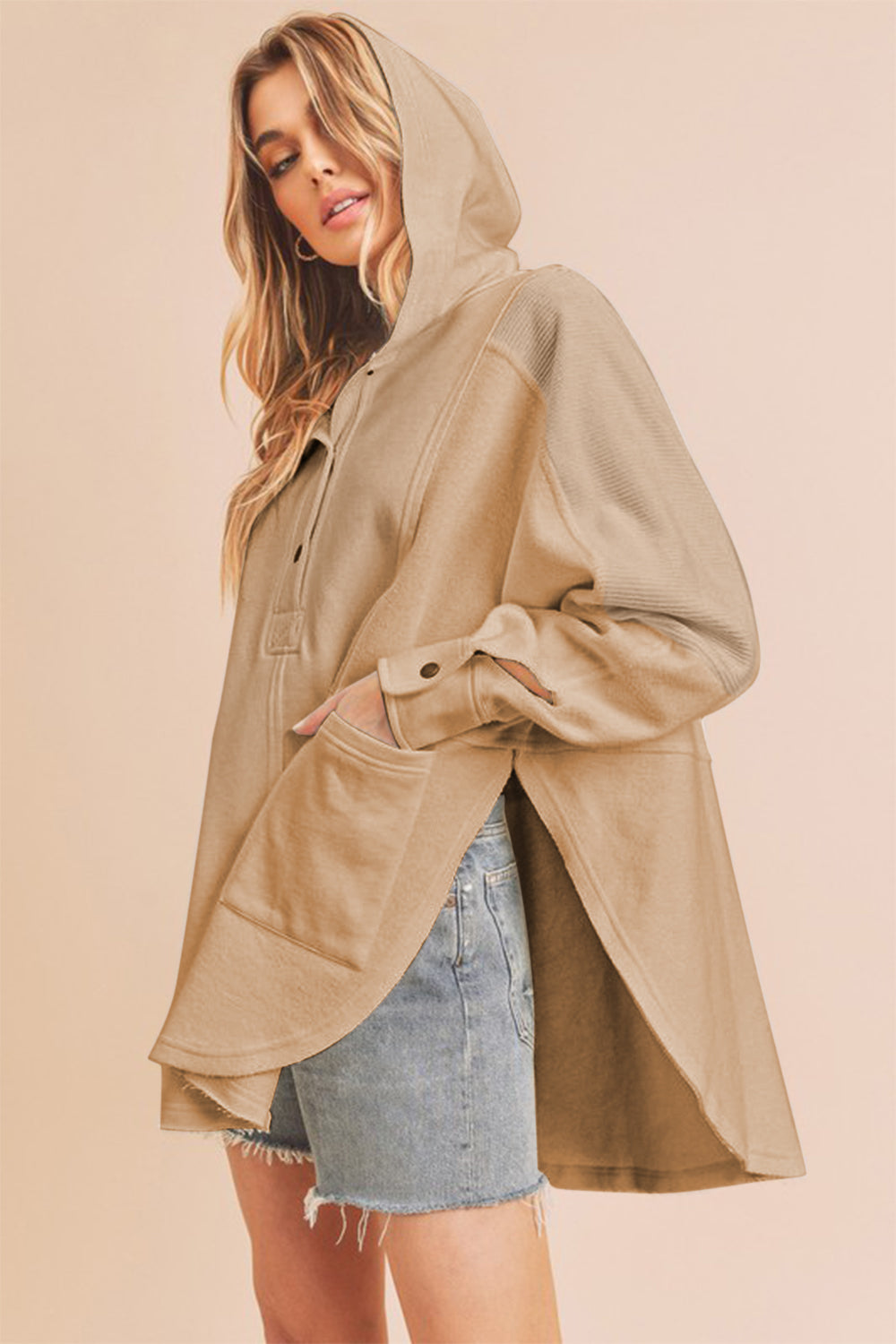 Aemi+Co Slit Half Snap Oversize Hoodie - Teresa's Fashionista LLC
