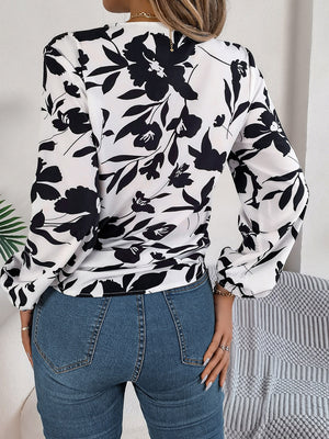 Printed V-Neck Long Sleeve Blouse-Teresa's Fashionista LLC