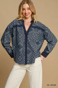 Umgee Paisley Print Denim Shirt Jacket