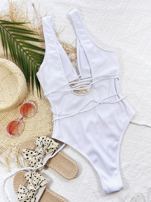 Ribbed Lace Up One-Piece Swimsuit-Teresa's Fashionista LLC