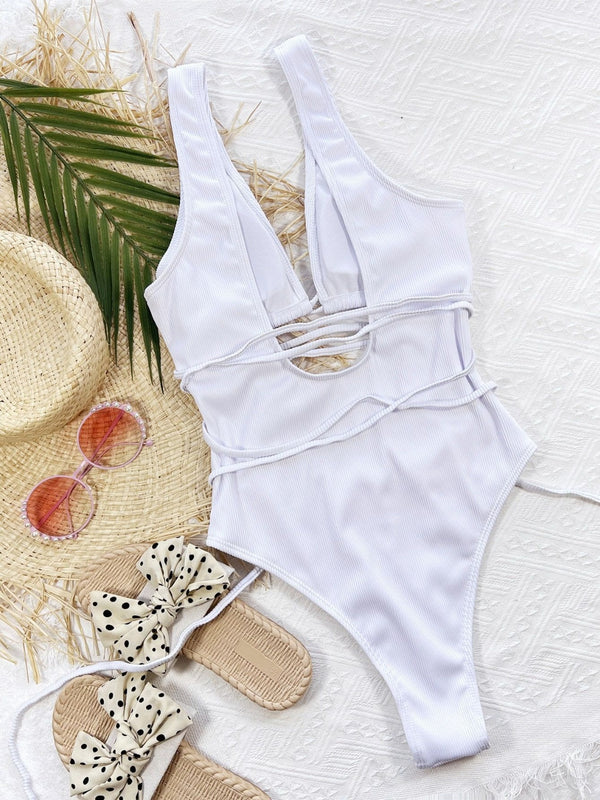 Ribbed Lace Up One-Piece Swimsuit-Teresa's Fashionista LLC