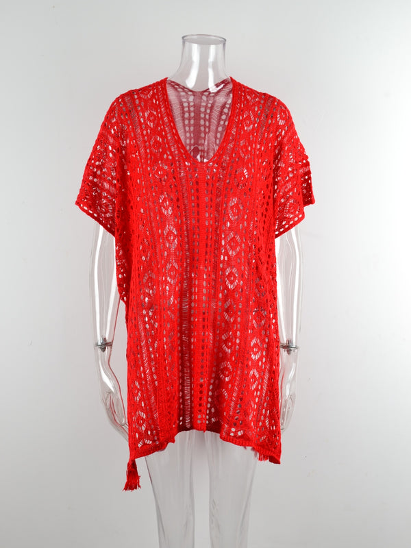 Cutout V-Neck Cover-Up with Tassel-Teresa's Fashionista LLC