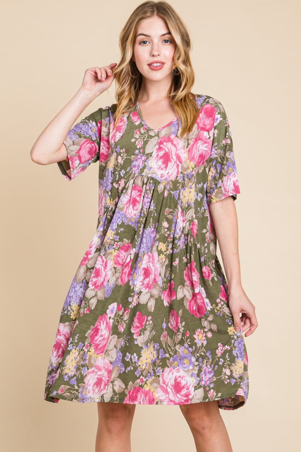 BOMBOM Flower Print V-Neck Ruched Dress-Teresa's Fashionista LLC