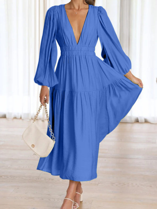 Deep V-Neck Balloon Sleeve Plain Maxi Dress-Teresa's Fashionista LLC