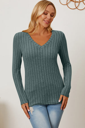 Basic Bae Full Size Ribbed V-Neck Long Sleeve T-Shirt-Teresa's Fashionista LLC