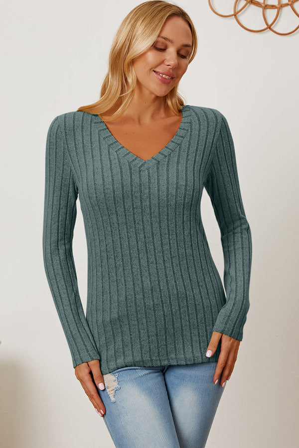 Basic Bae Full Size Ribbed V-Neck Long Sleeve T-Shirt-Teresa's Fashionista LLC