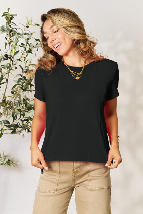 Basic Bae Full Size Round Neck Short Sleeve T-Shirt in black, slightly stretchy, made from rayon and spandex.