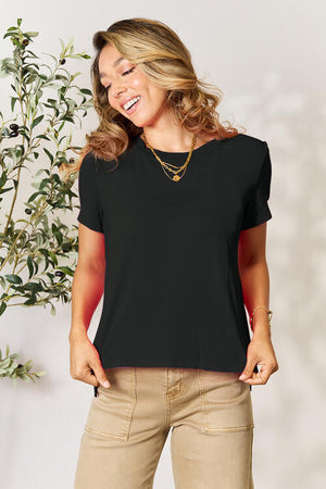 Basic Bae black round neck short sleeve T-shirt on woman.