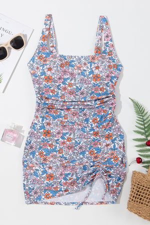Drawstring Printed Wide Strap Swim Dress-Teresa's Fashionista LLC