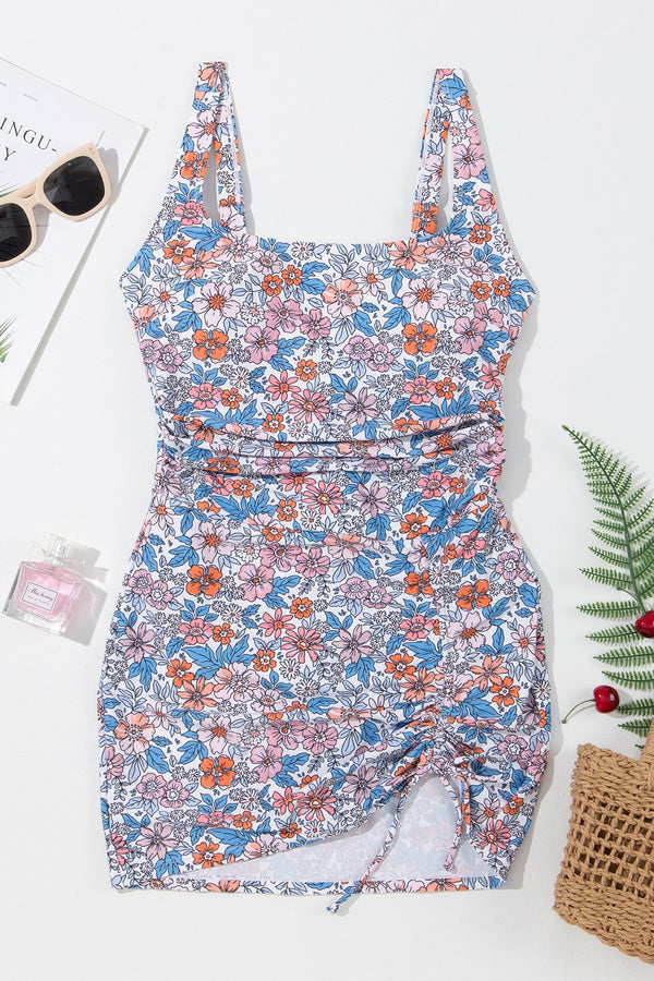 Drawstring Printed Wide Strap Swim Dress-Teresa's Fashionista LLC