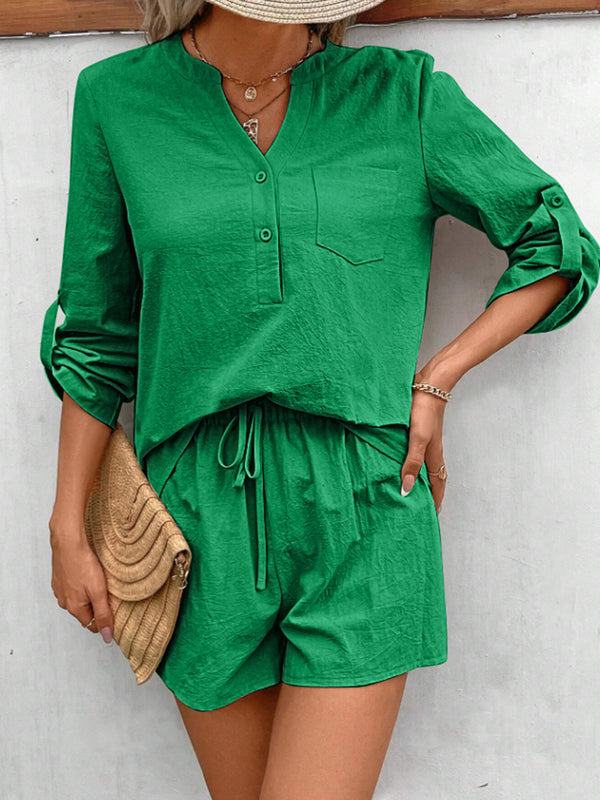 Notched Long Sleeve Top and Shorts Set-Teresa's Fashionista LLC