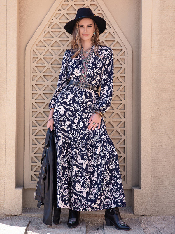 Printed Notched Neck Maxi Dress-Teresa's Fashionista LLC