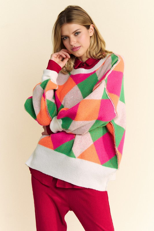 Davi & Dani Exposed Seam Color Block Dropped Shoulder Sweater - Teresa's Fashionista LLC