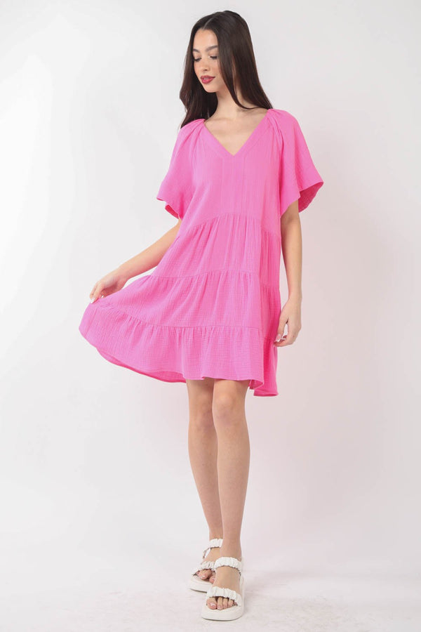 VERY J Texture V-Neck Ruffled Tiered Dress-Teresa's Fashionista LLC