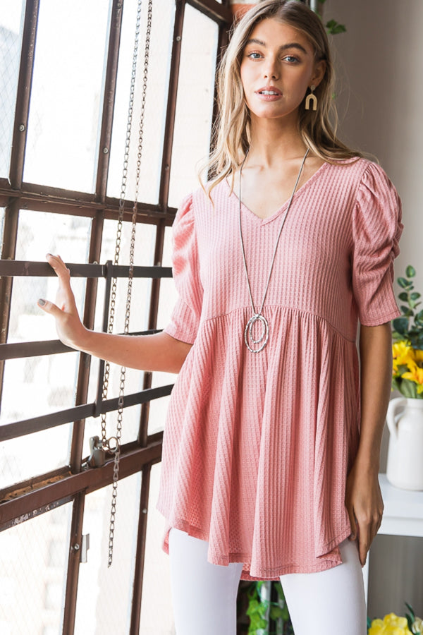 Heimish Full Size Waffle Knit V-Neck Babydoll Top-Teresa's Fashionista LLC