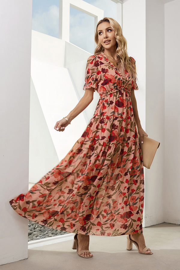 Floral V-Neck Short Flounce Sleeve Dress-Teresa's Fashionista LLC