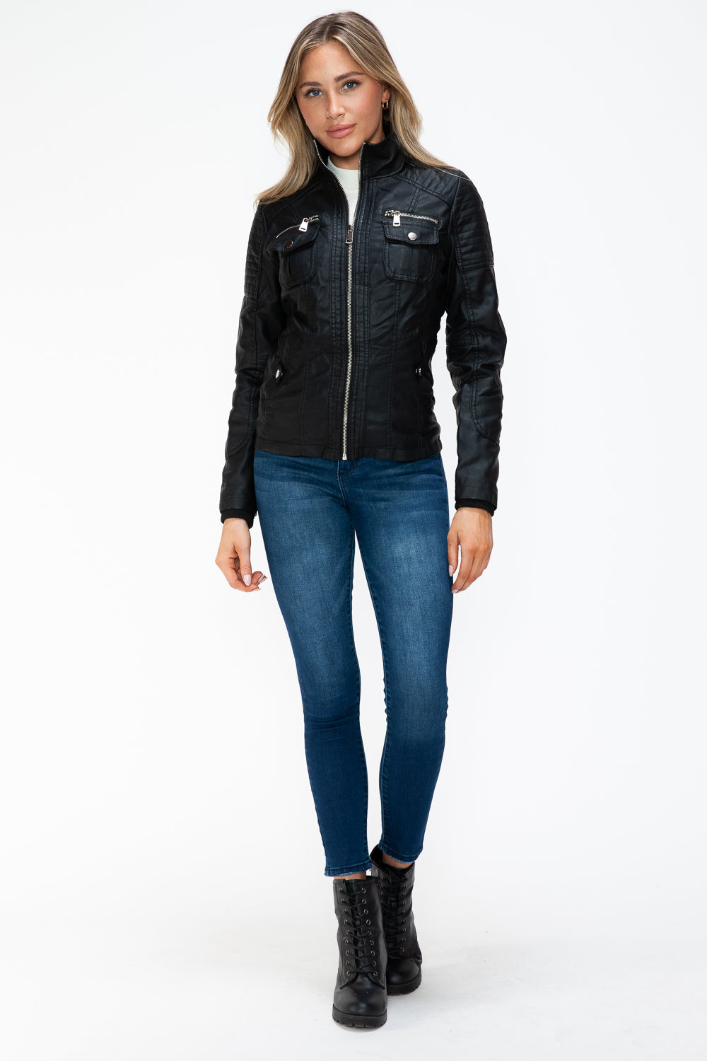 YMI Removable Faux Layered Multi-Pocket Jacket with Fuzzy Hood - Teresa's Fashionista LLC