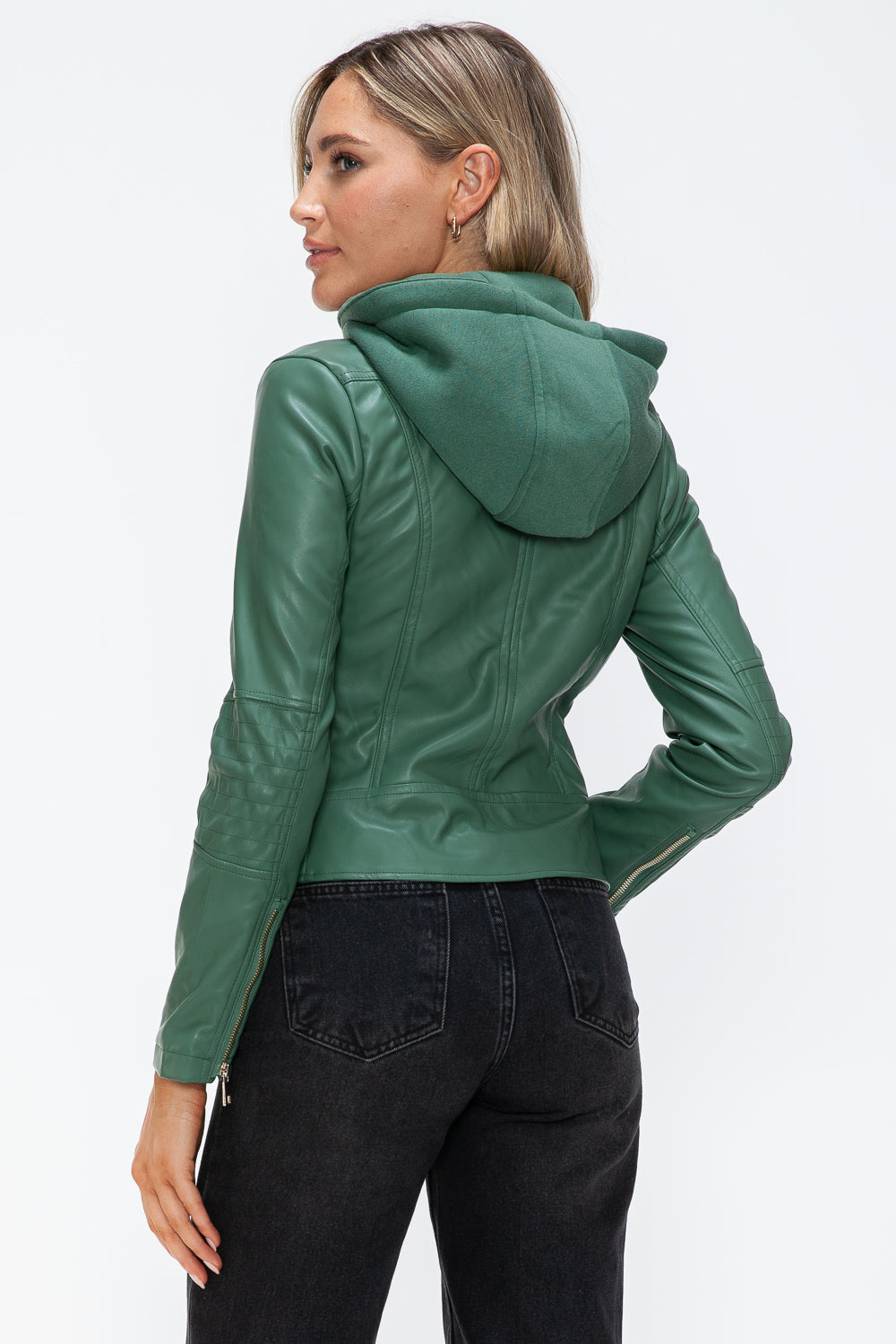 Snobbish Faux Leather Zip Up Drawstring Hooded Jacket - Teresa's Fashionista LLC