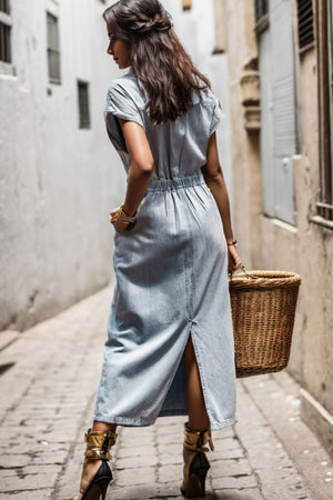 Slit Pocketed Half Button Denim Dress-Teresa's Fashionista LLC