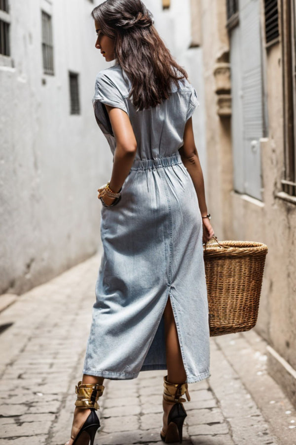 Slit Pocketed Half Button Denim Dress-Teresa's Fashionista LLC