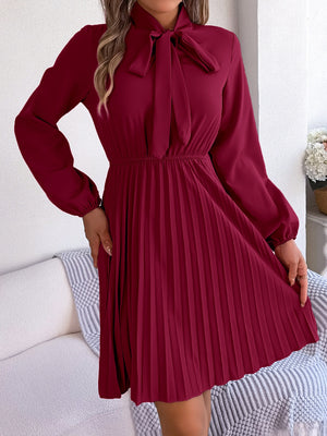 Tie Neck Balloon Sleeve Pleated Dress-Teresa's Fashionista LLC