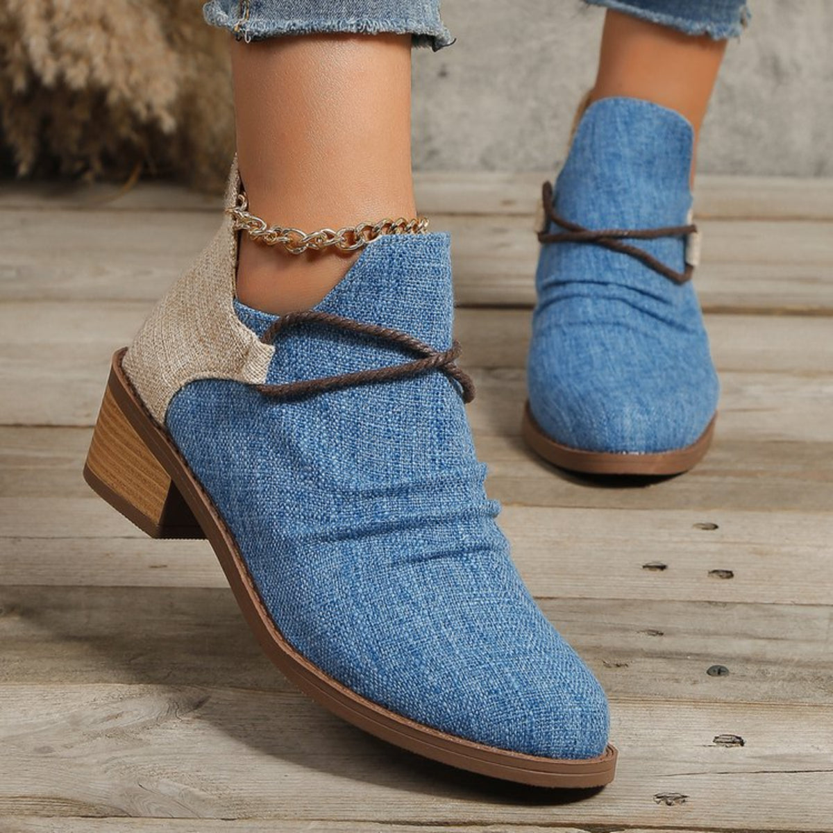 Contrast Canvas Low Heel Boots-Teresa&#39;s Fashionista LLC
