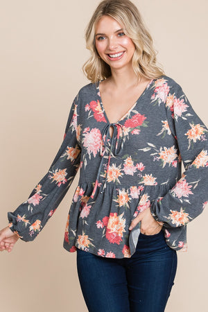Super Lady Full Size Babydoll Floral Long Sleeve Blouse - Teresa's Fashionista LLC