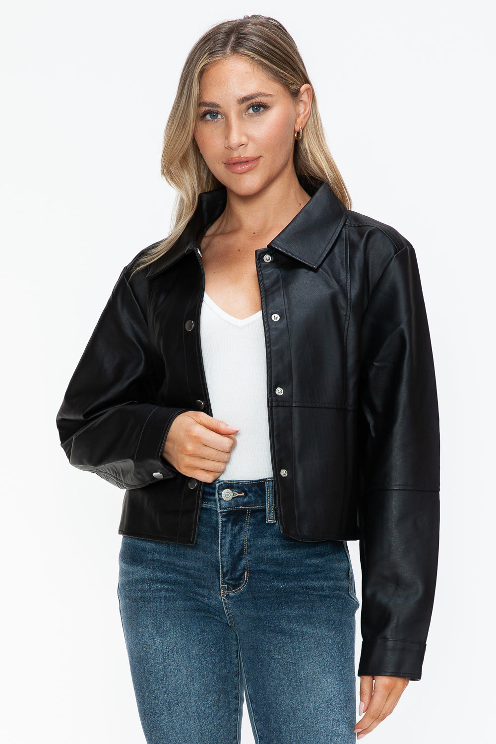 Snobbish Snap Down Long Sleeve PU Leather Jacket - Teresa's Fashionista LLC