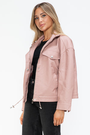 How Dare U Drawstring Hem PU Leather Zip Up Jacket - Teresa's Fashionista LLC