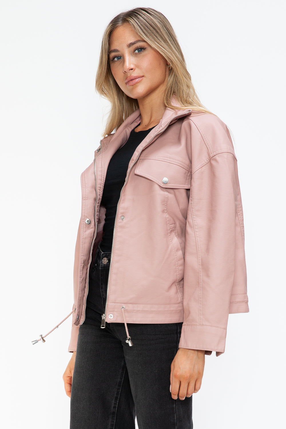 How Dare U Drawstring Hem PU Leather Zip Up Jacket - Teresa's Fashionista LLC