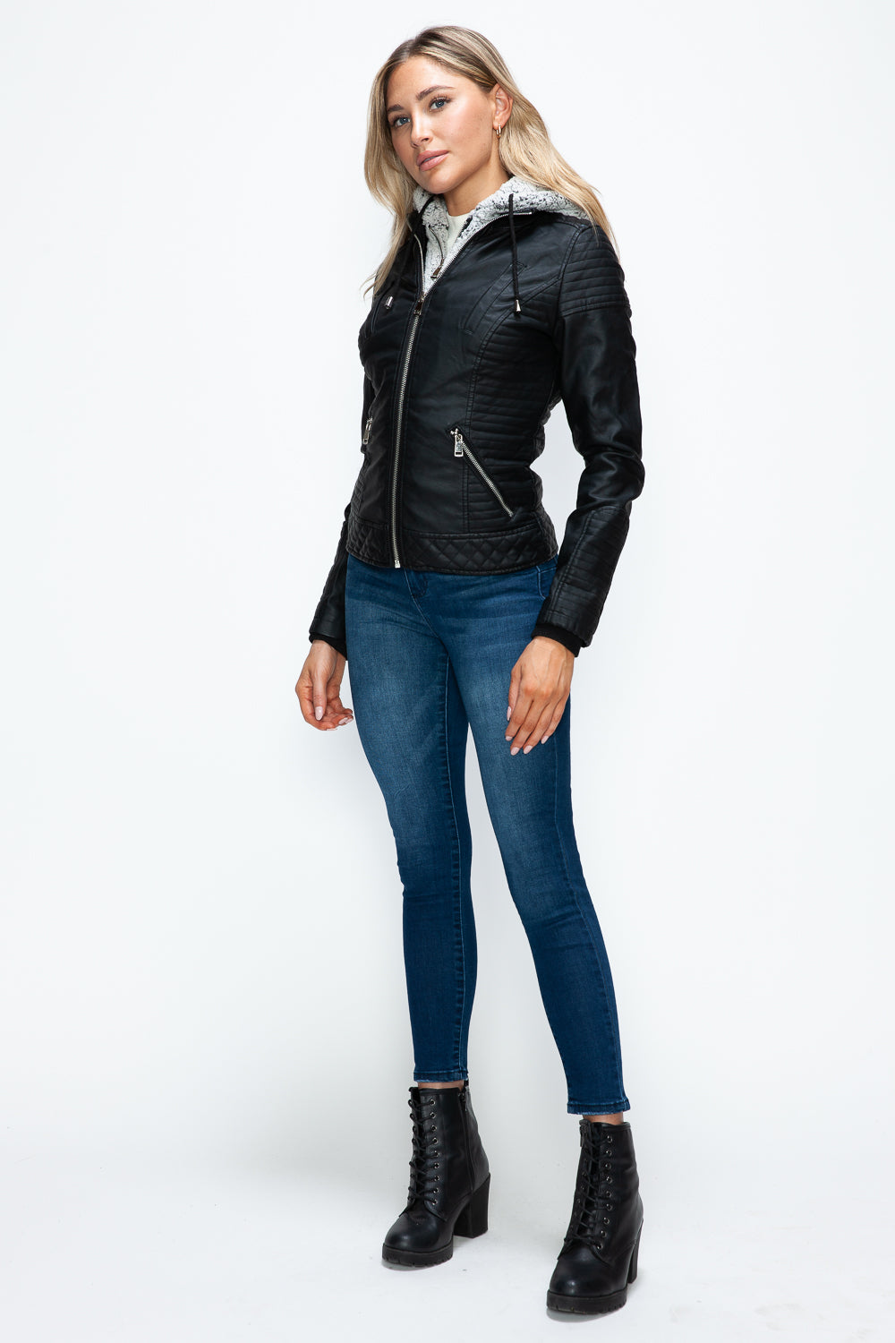 YMI Faux Layered Double-Zipper Jacket with Fuzzy Hood - Teresa's Fashionista LLC