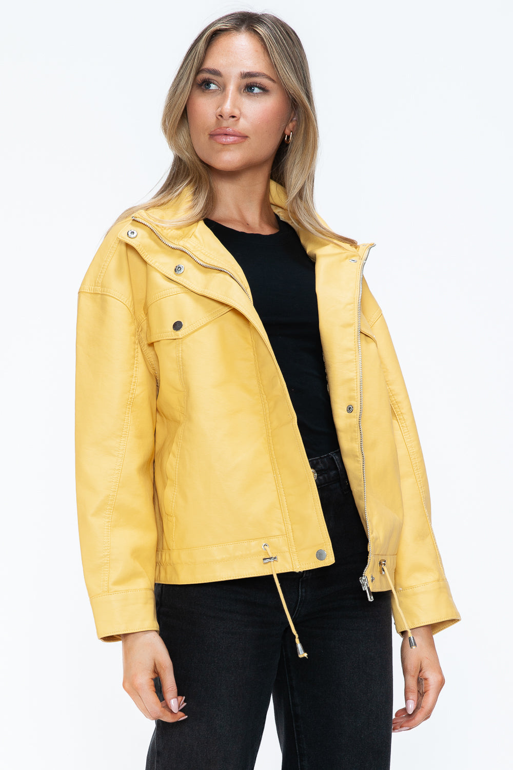 How Dare U Drawstring Hem PU Leather Zip Up Jacket - Teresa's Fashionista LLC