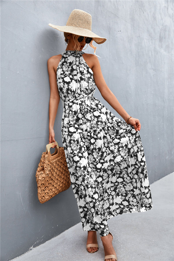 Printed Sleeveless Tie Waist Maxi Dress-Teresa's Fashionista LLC