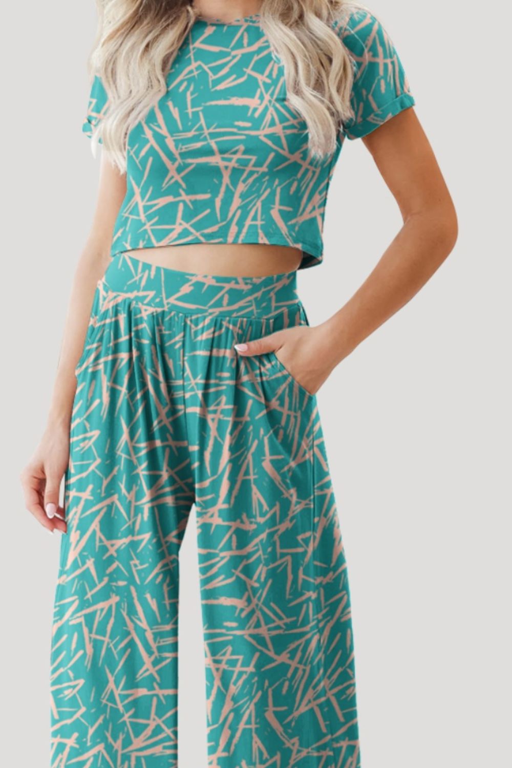 Printed Round Neck Short Sleeve Top and Pants Set-Teresa&#39;s Fashionista LLC