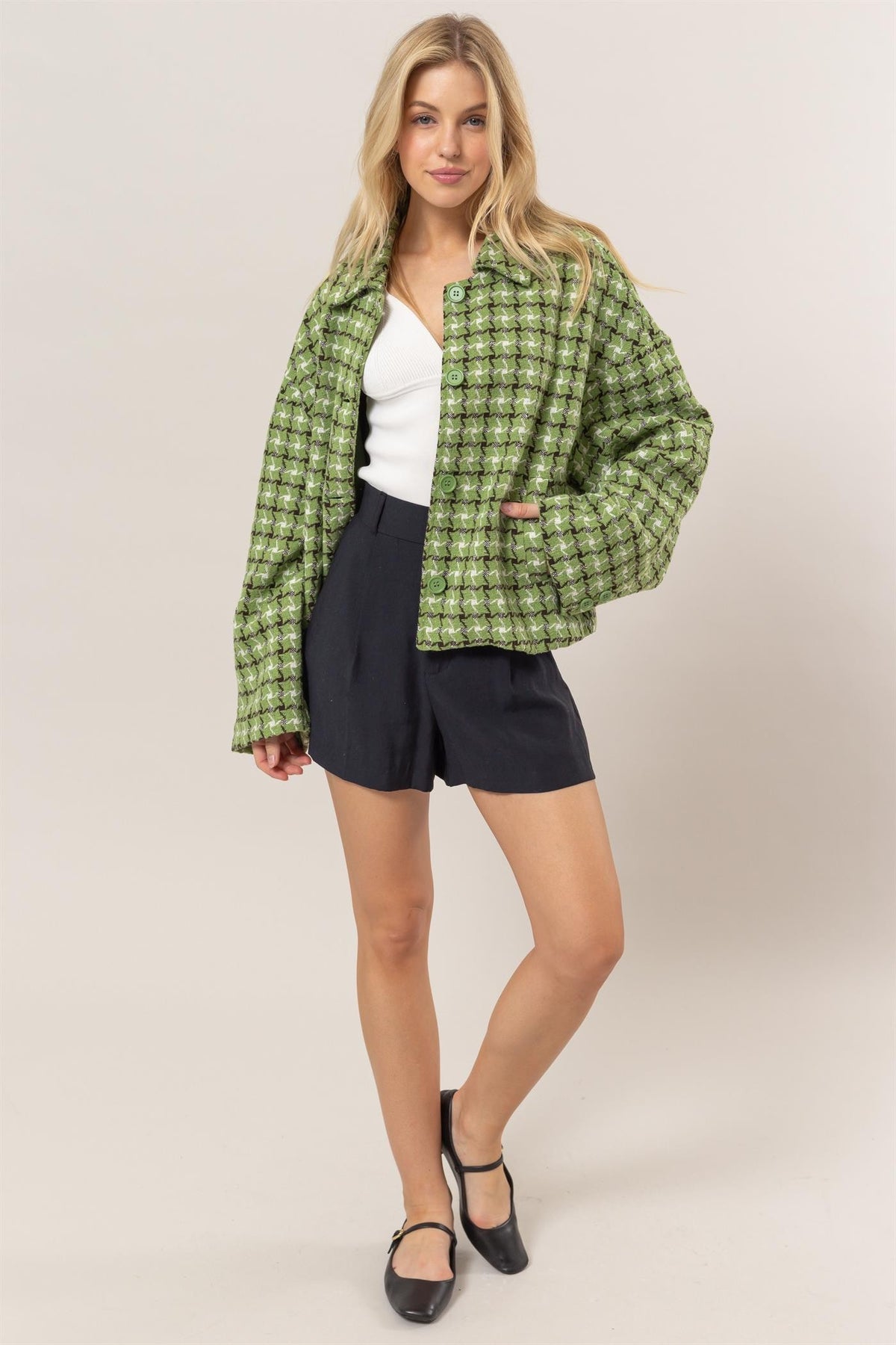 HYFVE Tweed Plaid Button Up Collared Neck Jacket - Teresa's Fashionista LLC