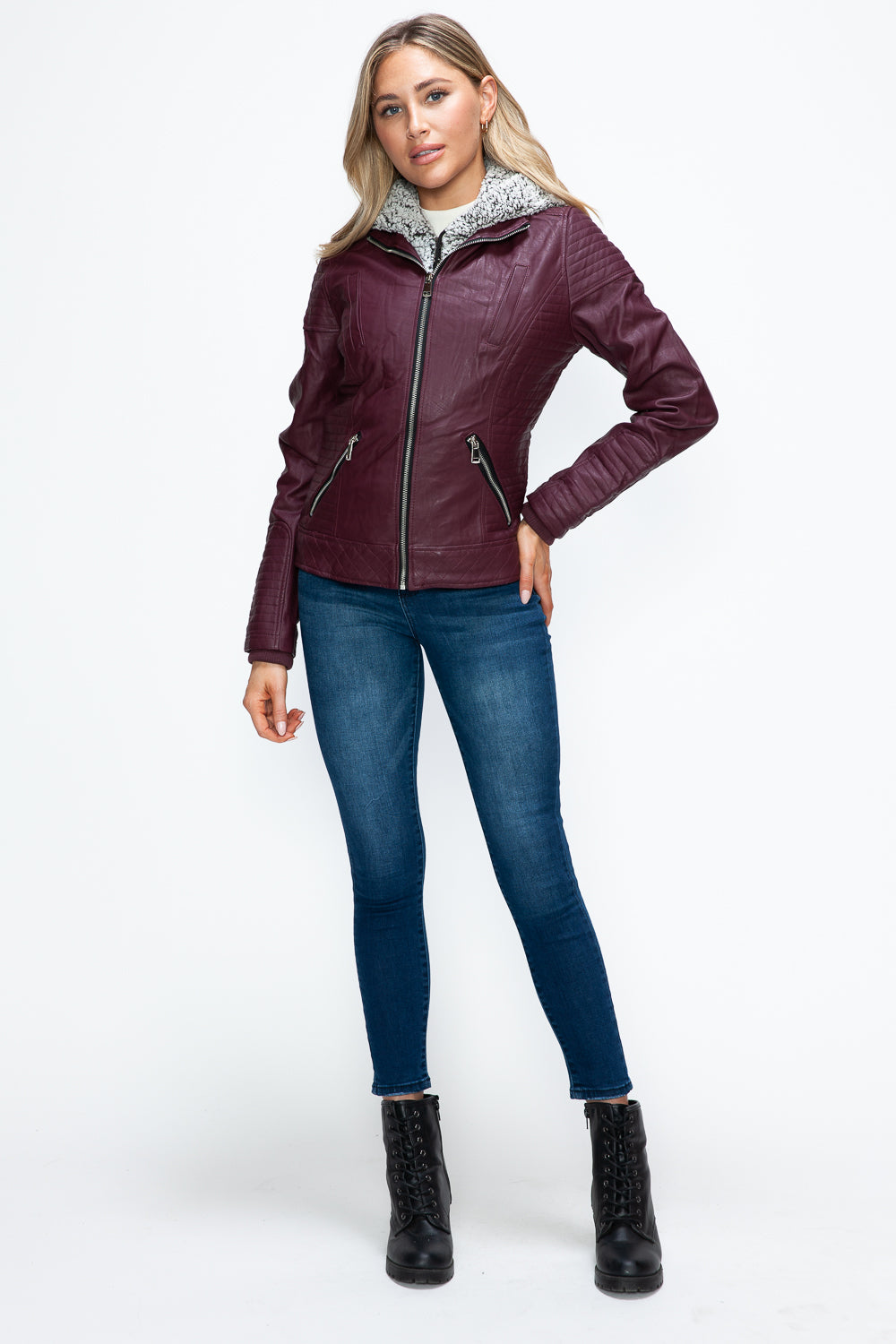 YMI Faux Layered Double-Zipper Jacket with Fuzzy Hood - Teresa's Fashionista LLC