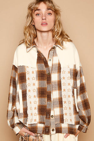 POL Plaid & Star Patchwork Contrast Long Sleeve Shacket - Teresa's Fashionista LLC