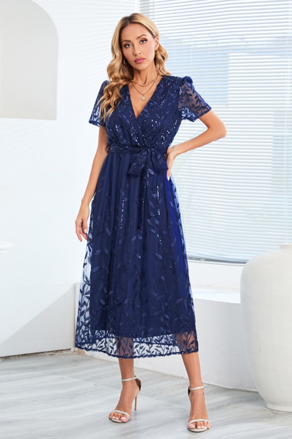 Sequin Leaf Embroidery Tie Front Short Sleeve Dress-Teresa's Fashionista LLC