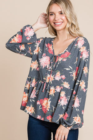 Super Lady Full Size Babydoll Floral Long Sleeve Blouse - Teresa's Fashionista LLC