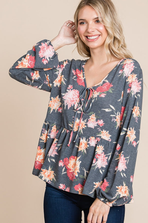 Super Lady Full Size Babydoll Floral Long Sleeve Blouse - Teresa's Fashionista LLC