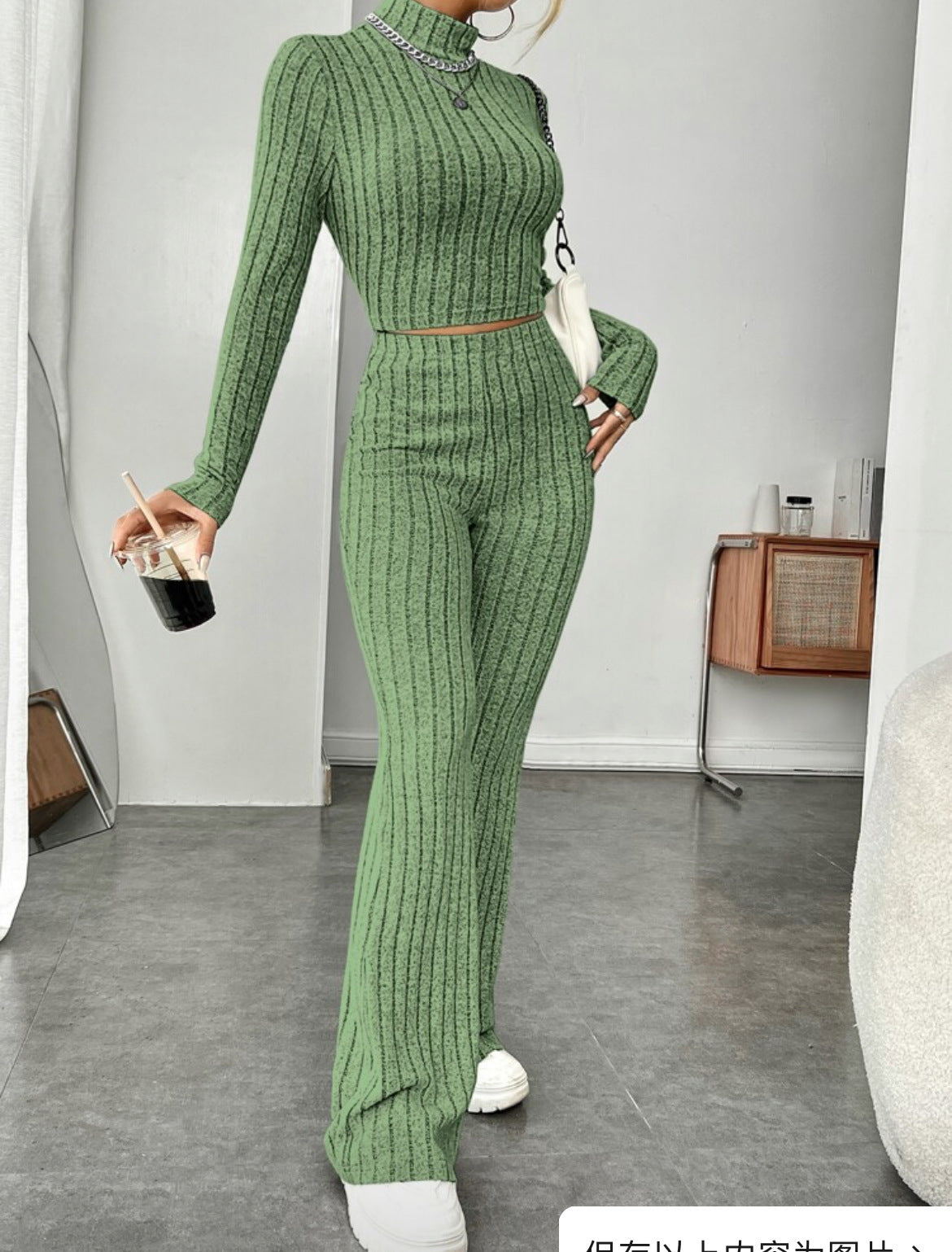 Long Sleeve Turtlenecks Wide Leg High Waist Trousers Suit - Teresa's Fashionista LLC