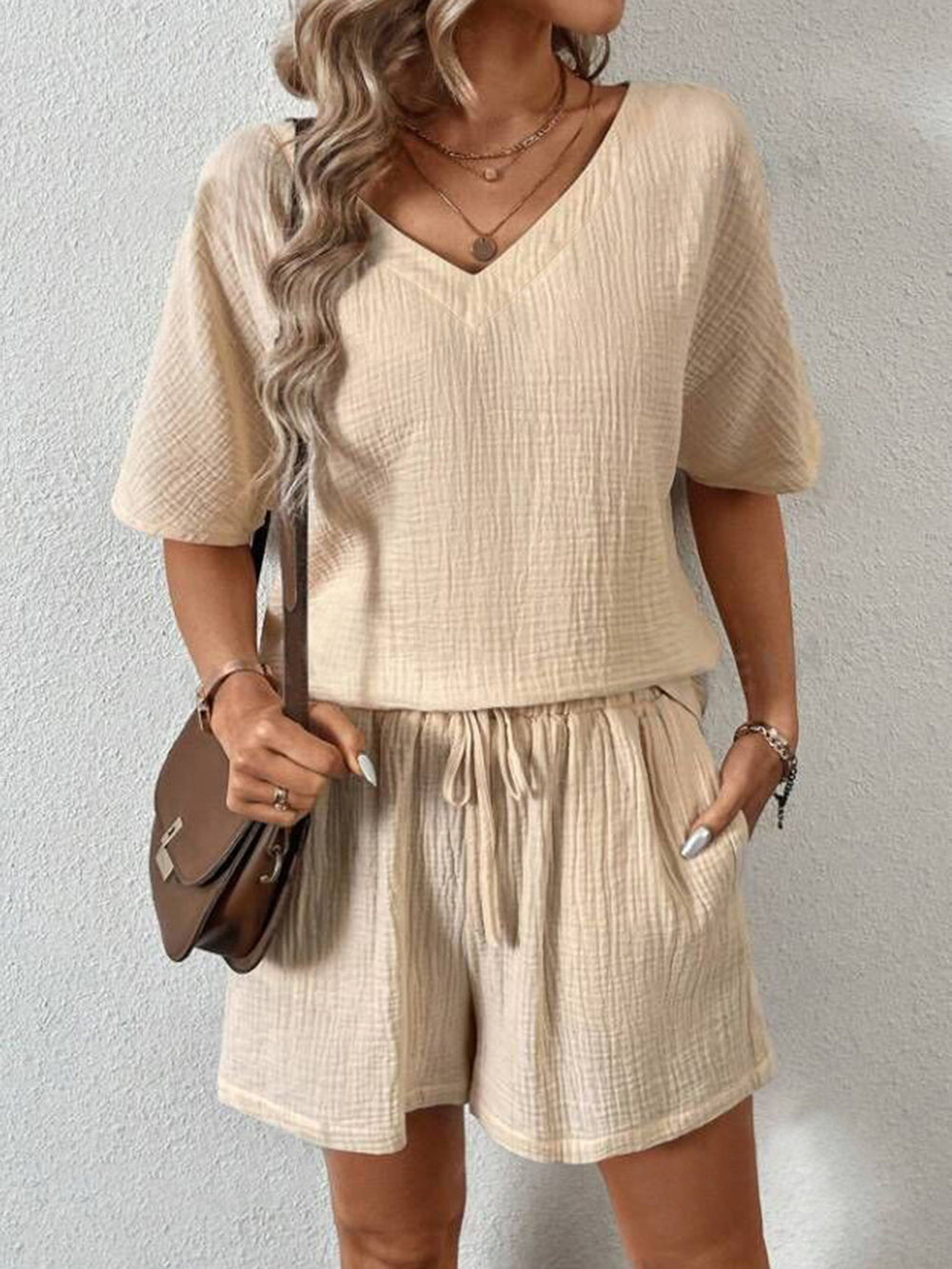 V-Neck Half Sleeve Top and Shorts Set-Teresa's Fashionista LLC