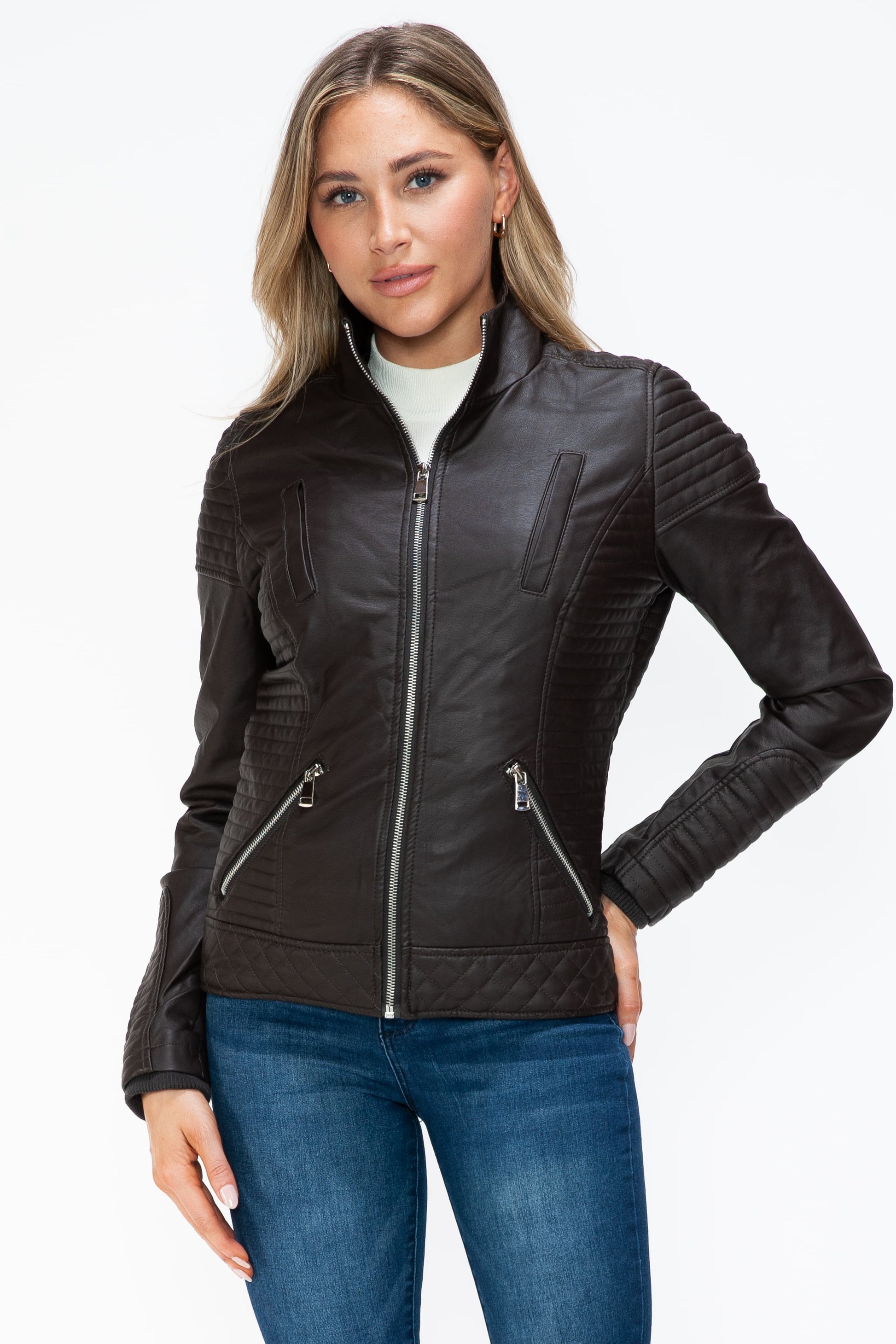 YMI Faux Layered Double-Zipper Jacket with Fuzzy Hood - Teresa's Fashionista LLC