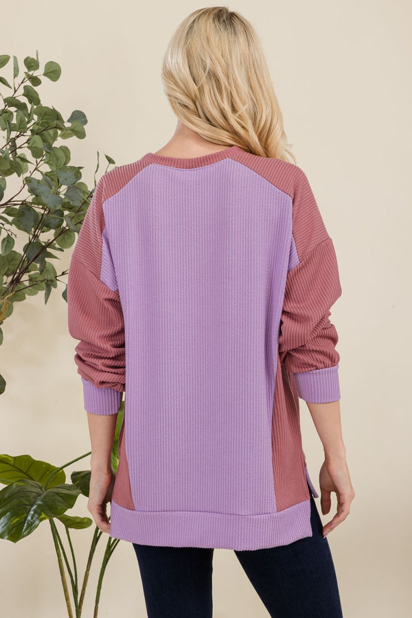 Celeste Full Size High-Low Contrast Round Neck Sweatshirt - Teresa's Fashionista LLC