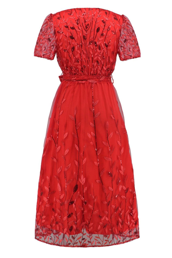 Sequin Leaf Embroidery Tie Front Short Sleeve Dress-Teresa's Fashionista LLC