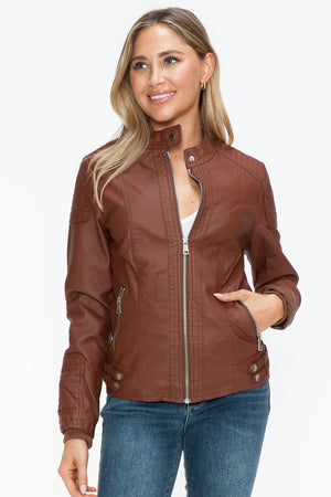Snobbish Faux Leather Biker Jacket with Side Zip Pockets - Teresa's Fashionista LLC