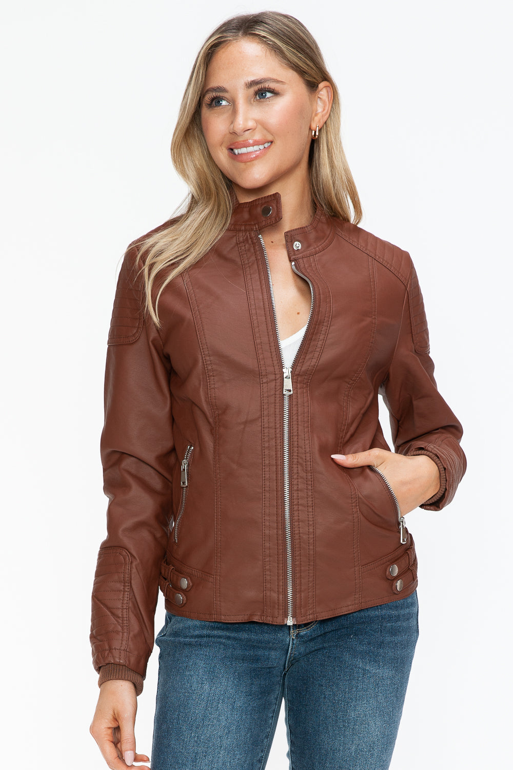Snobbish Faux Leather Biker Jacket with Side Zip Pockets - Teresa's Fashionista LLC
