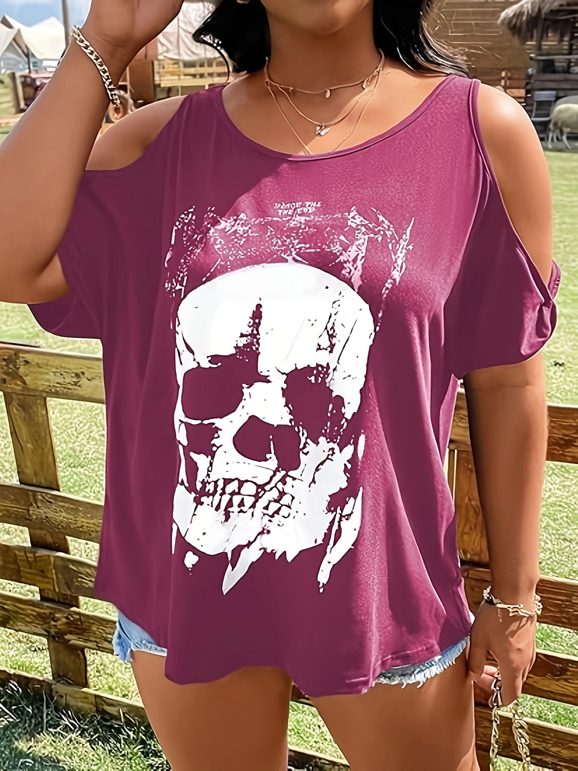 Plus Size Skeleton Graphic Round Neck Cold Shoulder T-Shirt - Teresa's Fashionista LLC